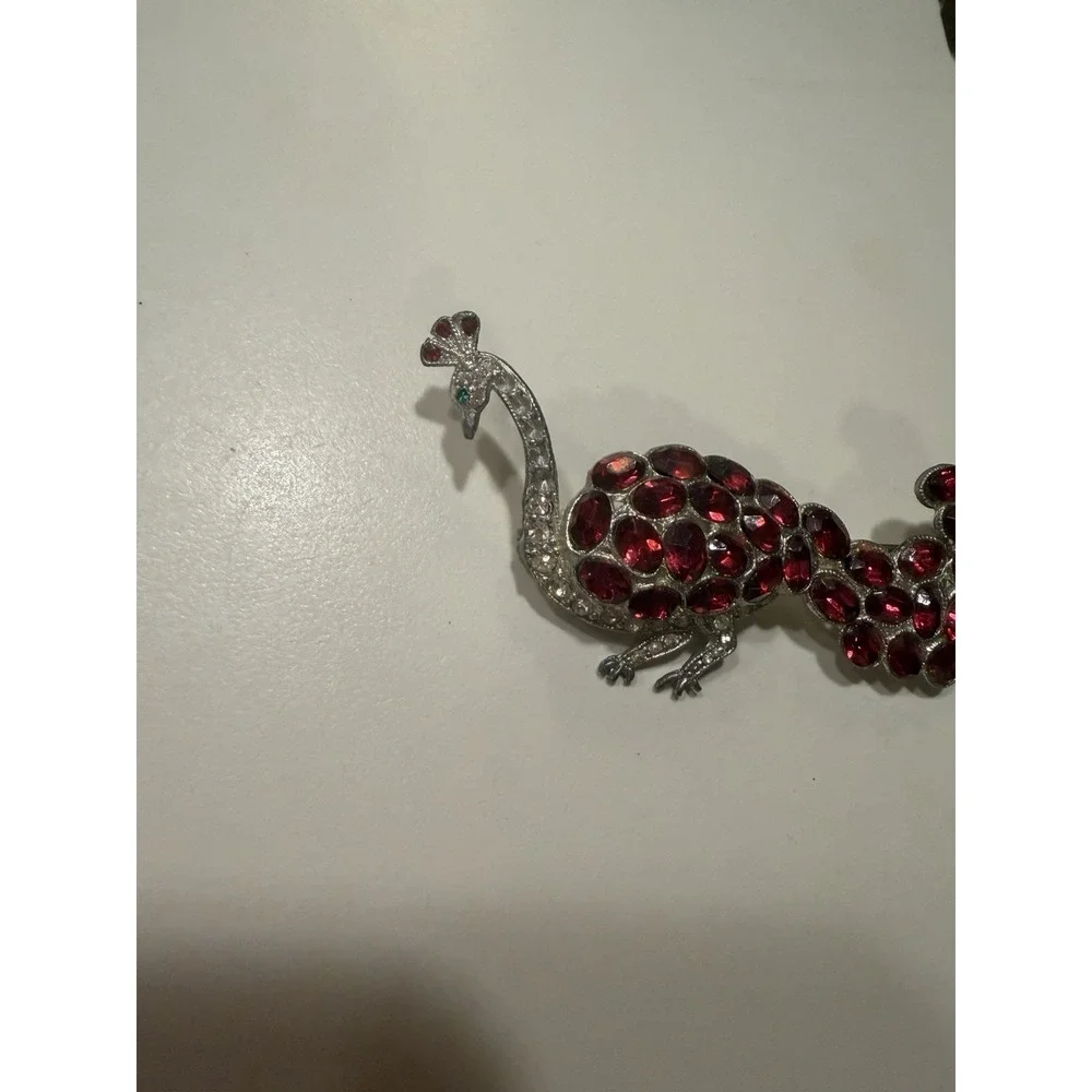 Vintage Red Peacock Enamel Brooch